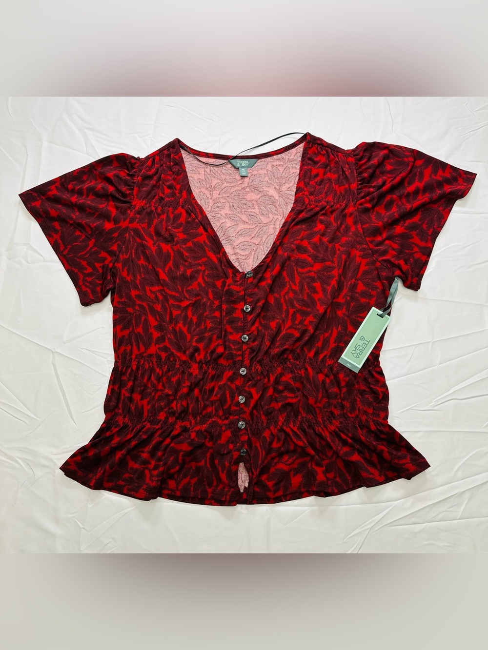 Terra & Sky Red and Black Button-Front V-Neck Peplum Top